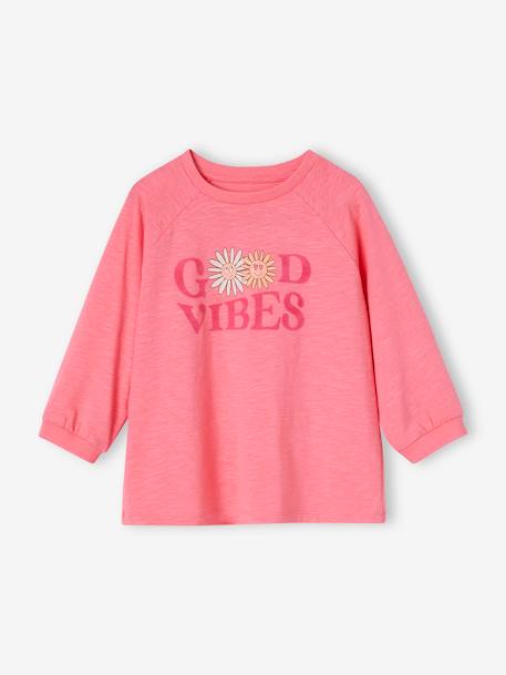 Flatlock T-shirt met fluweel en bloemen met meisjesanimatie 'good vibes' snoepjesroze - vertbaudet enfant 