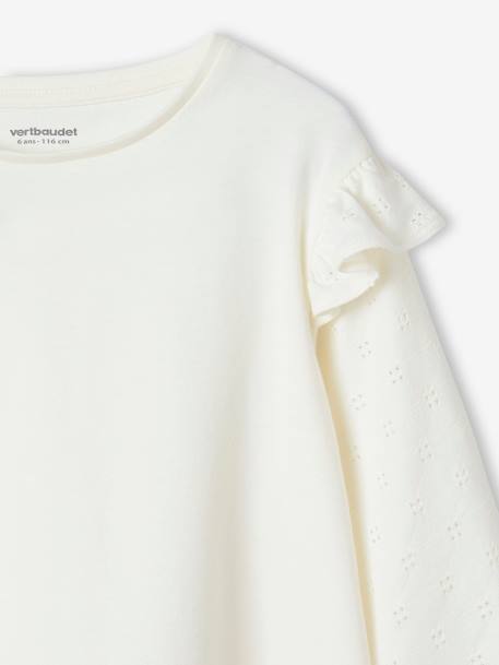 T-shirt BASICS met lange mouwen en ruches voor meisjes ecru+rozen - vertbaudet enfant 