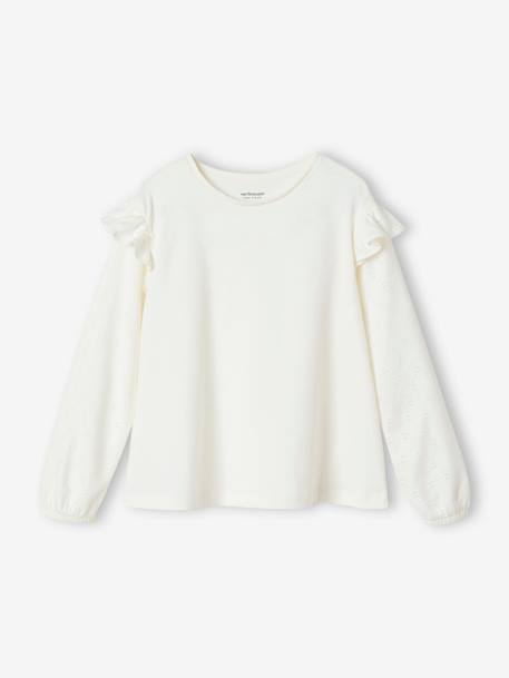 T-shirt BASICS met lange mouwen en ruches voor meisjes ecru+rozen - vertbaudet enfant 