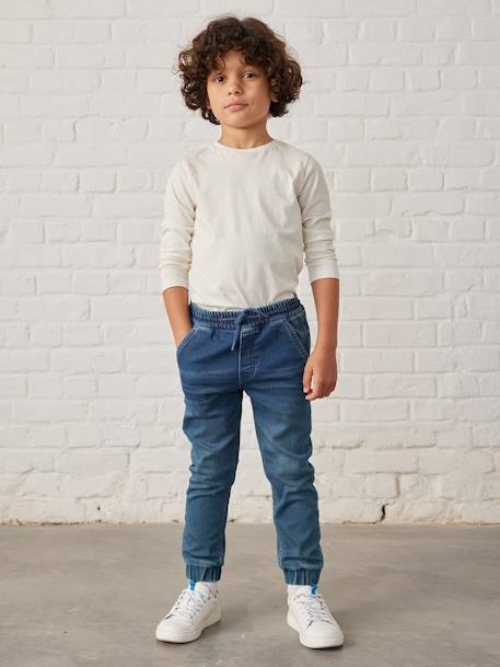 Makkelijk aan te trekken jongensbroek van molton met denim-effect lichtgrijs denim+stone - vertbaudet enfant 