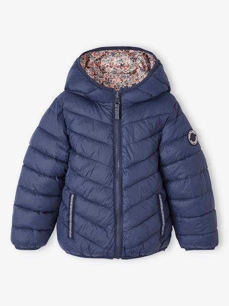 Lichtgewicht omkeerbaar meisjesjack met capuchon en gerecyclede polyester voering nachtblauw+roze met print - vertbaudet enfant 