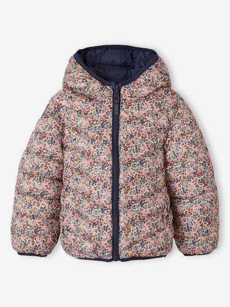 Lichtgewicht omkeerbaar meisjesjack met capuchon en gerecyclede polyester voering nachtblauw+roze met print - vertbaudet enfant 