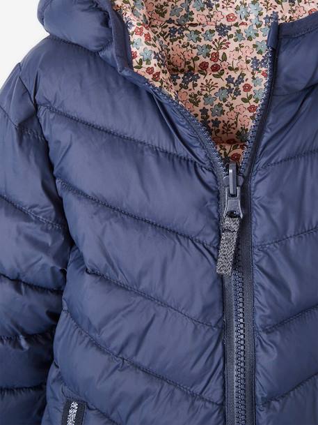 Lichtgewicht omkeerbaar meisjesjack met capuchon en gerecyclede polyester voering nachtblauw+roze met print - vertbaudet enfant 