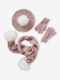 Meisje-Accessoires-Meisjesmuts, sjaal, handschoenen-Baret + sjaal + handschoenen of wanten in zoomsteek en bontfantasie voor meisjes