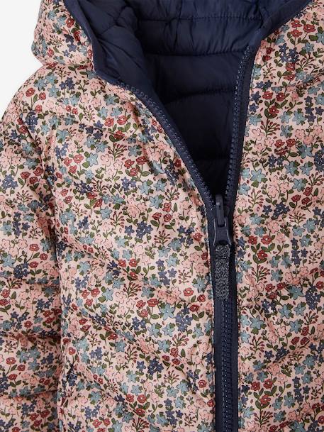 Lichtgewicht omkeerbaar meisjesjack met capuchon en gerecyclede polyester voering nachtblauw+roze met print - vertbaudet enfant 