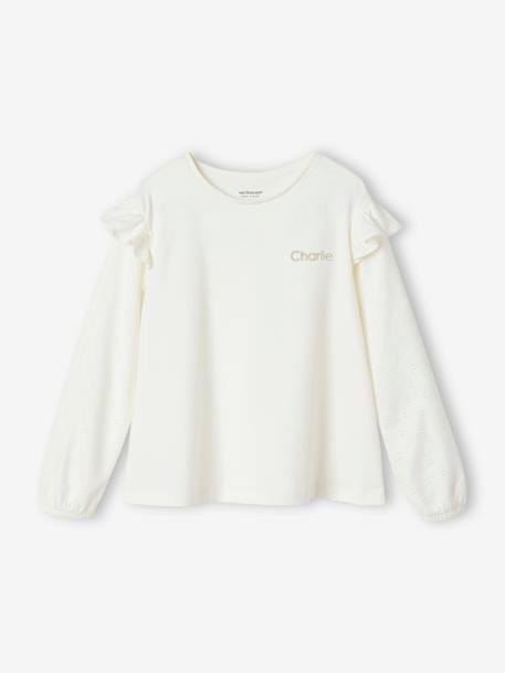 T-shirt BASICS met lange mouwen en ruches voor meisjes ecru+rozen - vertbaudet enfant 