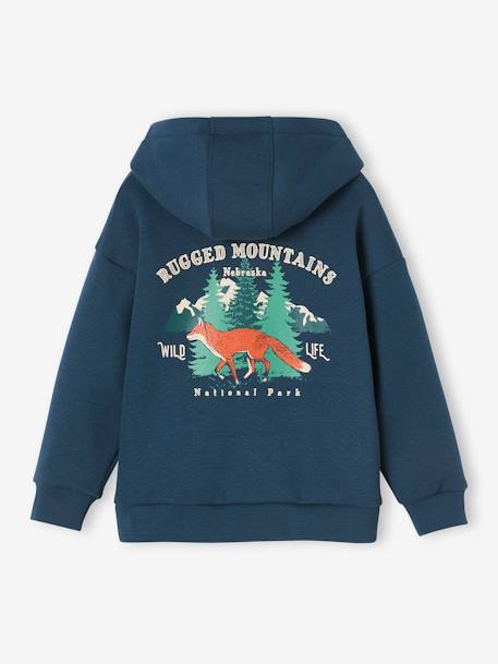 Jongenssweater met capuchon met groot natuurmotief op de rug nachtblauw+saliegroen - vertbaudet enfant 