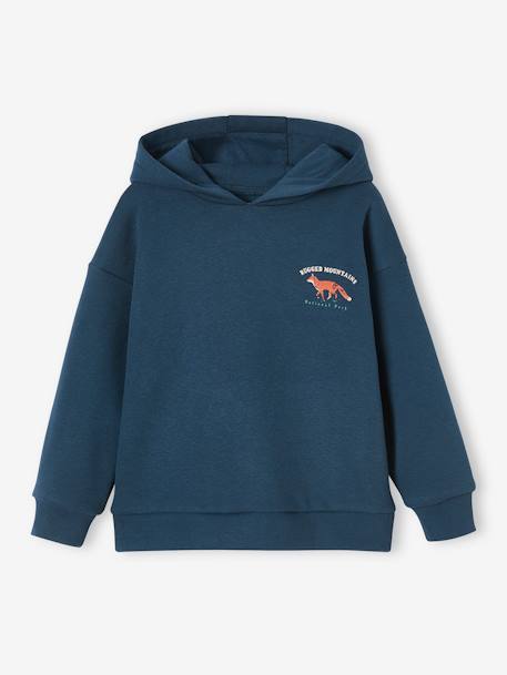 Jongenssweater met capuchon met groot natuurmotief op de rug nachtblauw+saliegroen - vertbaudet enfant 
