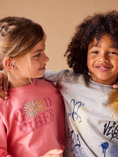 Flatlock T-shirt met fluweel en bloemen met meisjesanimatie 'good vibes' snoepjesroze - vertbaudet enfant 
