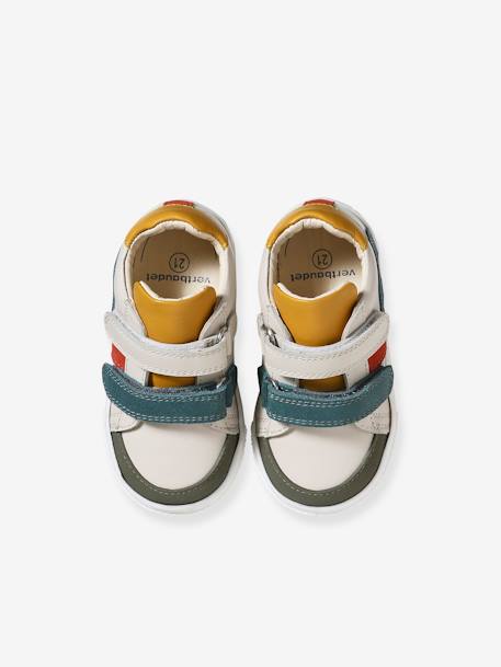 Leren geborstelde babysneakers ecru+marineblauw+veel wit - vertbaudet enfant 