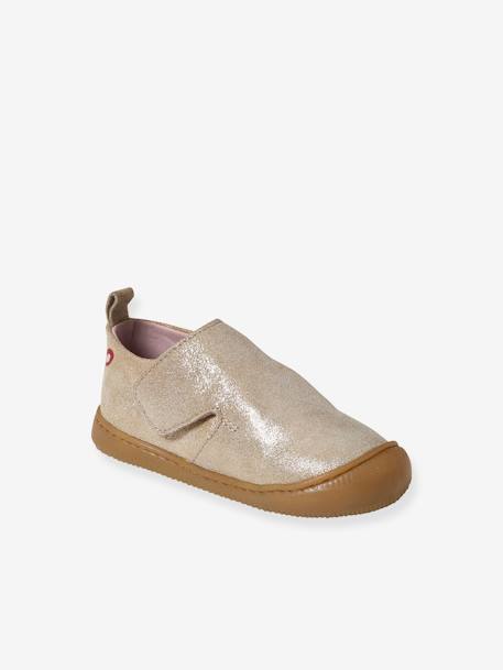 Klittenband baby slofjes van soepel leer beige, bedrukt+goud - vertbaudet enfant 