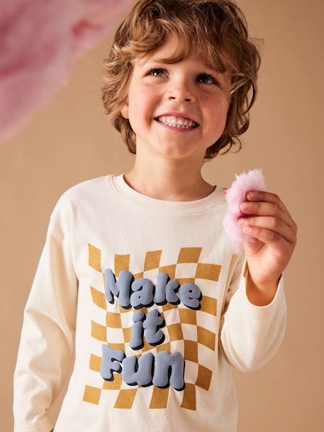 T-shirt met geruite boodschap voor jongens in zwelinkt ecru - vertbaudet enfant 