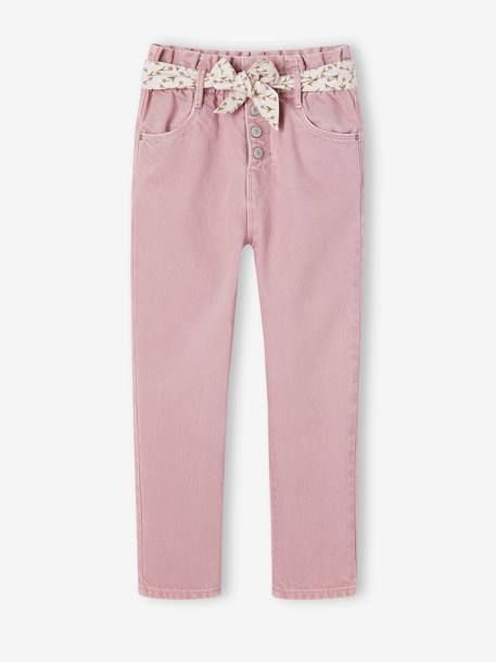 Paperbag broek voor meisjes met sjaal-riem met bloemen kaneel+zachtpaars - vertbaudet enfant 