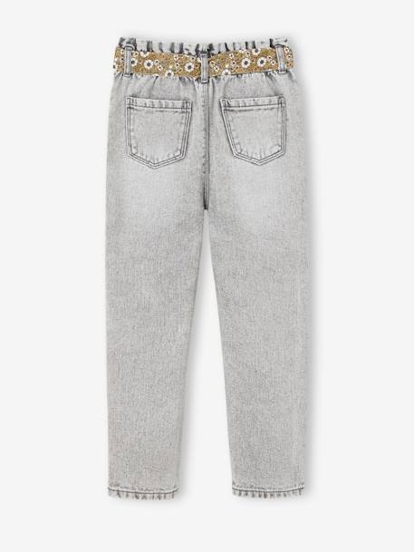 Paperbag jeans met bloemenriem voor meisjes denimgrijs+onbewerkt denim+stone+zwart - vertbaudet enfant 