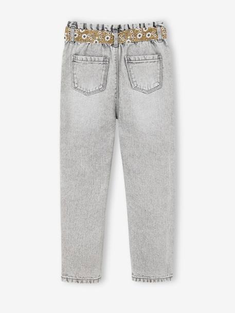 Paperbag jeans met bloemenriem voor meisjes denimgrijs+onbewerkt denim+stone+zwart denim - vertbaudet enfant 