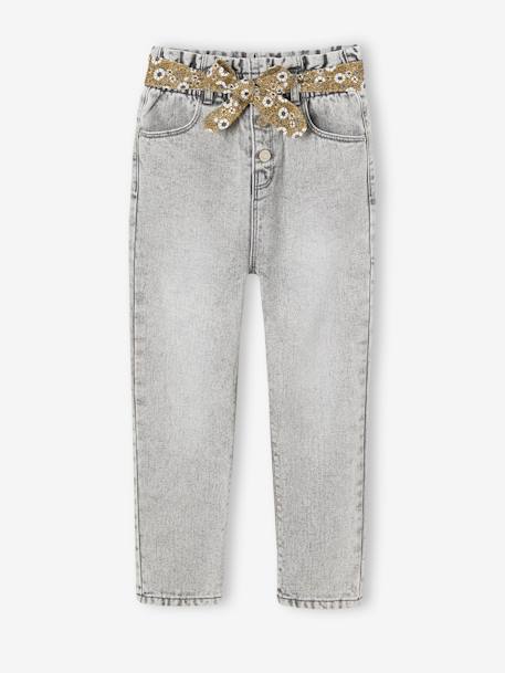 Paperbag jeans met bloemenriem voor meisjes denimgrijs+onbewerkt denim+stone+zwart - vertbaudet enfant 