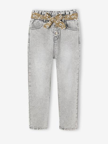 Paperbag jeans met bloemenriem voor meisjes denimgrijs+onbewerkt denim+stone+zwart denim - vertbaudet enfant 