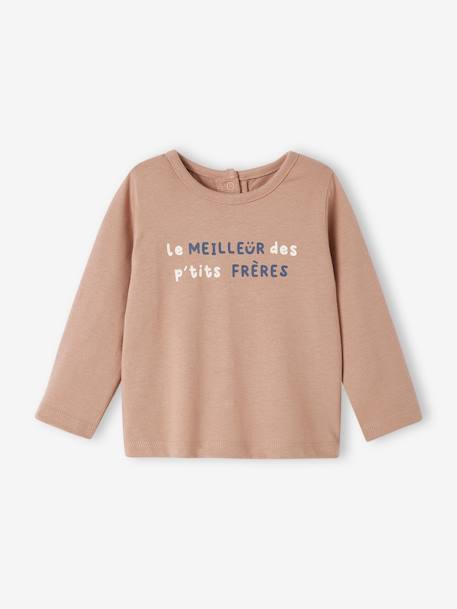 T-shirt met lange mouwen en tekst voor baby's beige+groenblauw+wit - vertbaudet enfant 