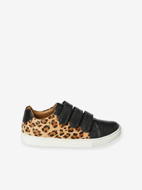 Leren Junior sneakers met klittenband en luipaardprint zwart, bedrukt - vertbaudet enfant 