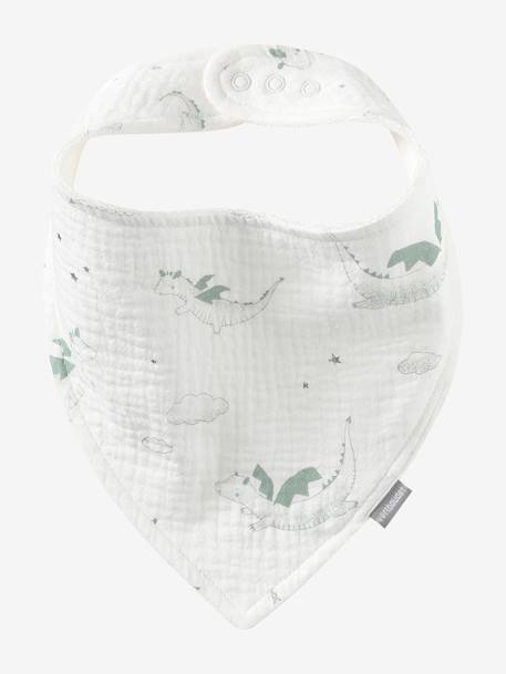 Set met 3 slabbetjes van katoengaas beige, bedrukt+ecru+grijsblauw+lichtroze+saliegroen+set groene panda+set vos+touw+veel beige+WIT - vertbaudet enfant 