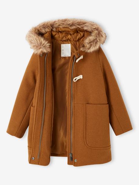 Duffel met capuchon van wol met houtje-touwtjeknopen groengrijs+kameel+pruim+rouge - vertbaudet enfant 