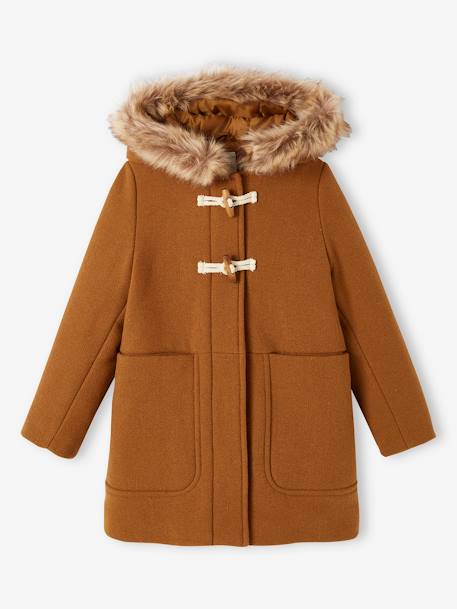 Duffel met capuchon van wol met houtje-touwtjeknopen groengrijs+kameel+pruim+rouge - vertbaudet enfant 