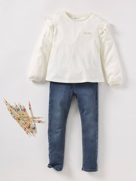 T-shirt BASICS met lange mouwen en ruches voor meisjes ecru+rozen - vertbaudet enfant 