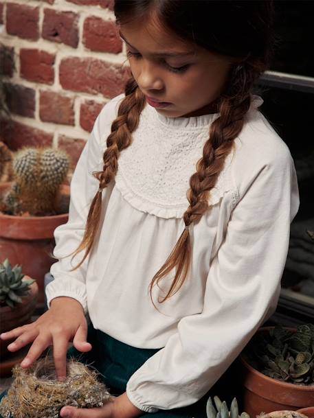 Shirt van Engels borduurwerk voor meisjes bleekblauw+donkergroen+ecru+marineblauw+zachtpaars - vertbaudet enfant 
