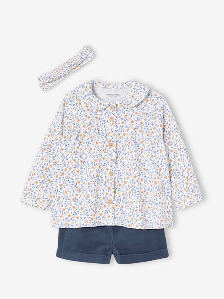 3-delige set voor baby meisje met T-shirt, fluwelen short en haarband ecru - vertbaudet enfant 