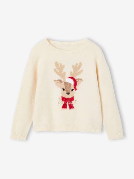 Kerstcadeauverpakking 'Renne' jacquard trui + 2 scrunchies voor meisjes ecru+lichtroze - vertbaudet enfant 