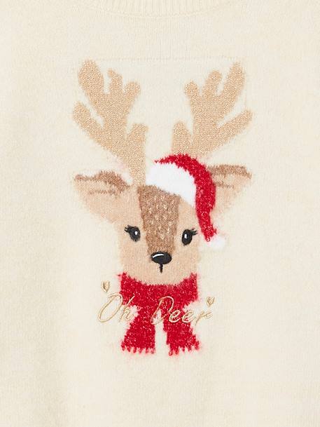 Kerstcadeauverpakking 'Renne' jacquard trui + 2 scrunchies voor meisjes ecru+lichtroze - vertbaudet enfant 