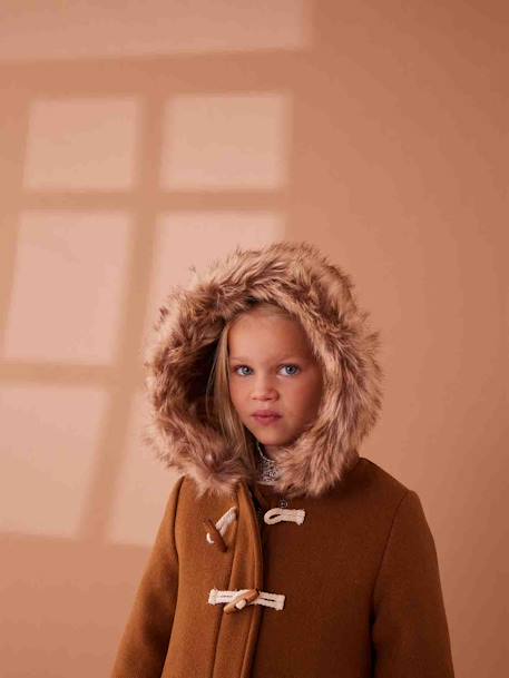 Duffel met capuchon van wol met houtje-touwtjeknopen groengrijs+kameel+pruim+rouge - vertbaudet enfant 