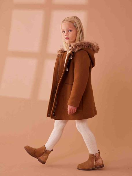 Duffel met capuchon van wol met houtje-touwtjeknopen groengrijs+kameel+pruim+rouge - vertbaudet enfant 