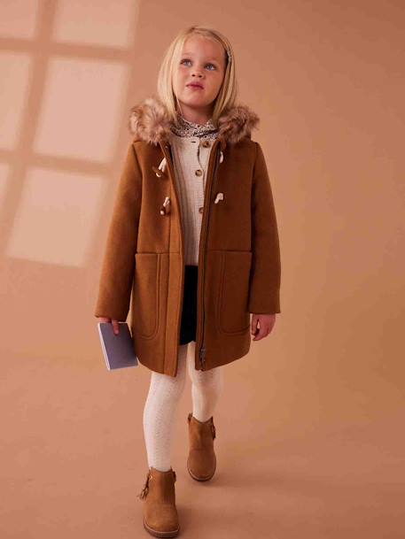Duffel met capuchon van wol met houtje-touwtjeknopen groengrijs+kameel+pruim+rouge - vertbaudet enfant 