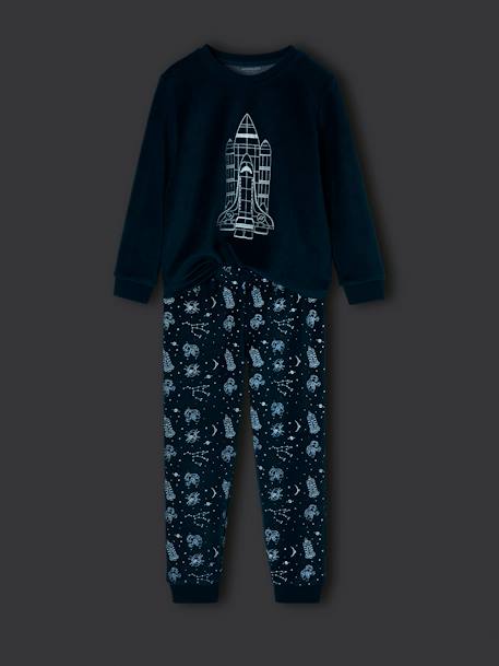 Fluwelen jongenspyjama met glow-in-the-dark raket groenblauw - vertbaudet enfant 
