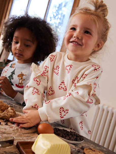 Kersttrui met glitterhartjes en mouwen met ruches voor meisjes ecru+roze (poederkleur) - vertbaudet enfant 