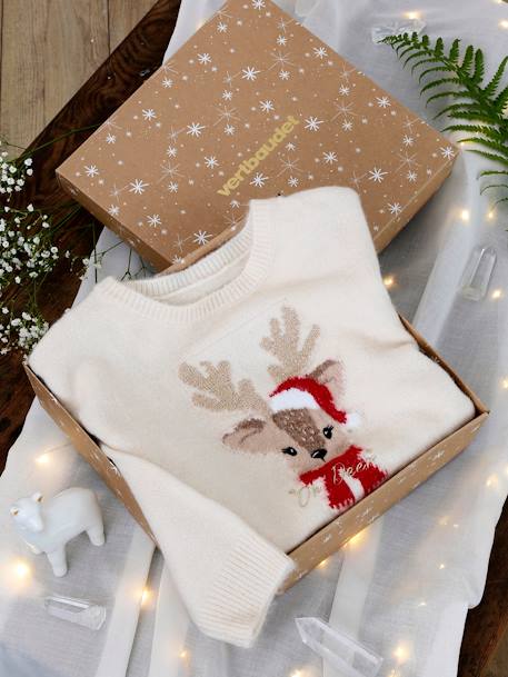 Kerstcadeauverpakking 'Renne' jacquard trui + 2 scrunchies voor meisjes ecru+lichtroze - vertbaudet enfant 
