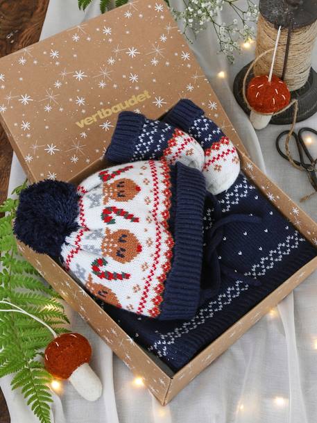 Kerstcadeauset 'Rendier' voor babyjongens - muts + sjaal + wanten marineblauw - vertbaudet enfant 