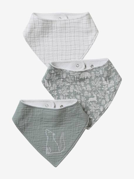 Set met 3 slabbetjes van katoengaas beige, bedrukt+ecru+grijsblauw+lichtroze+saliegroen+set groene panda+set vos+touw+veel beige+WIT - vertbaudet enfant 