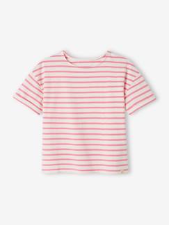 Meisje-T-shirt, souspull-Gestreept meisjes-T-shirt met korte mouwen