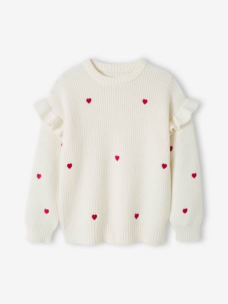 Trui met ruches aan de mouwen meisjes ecru+rood+zachtpaars - vertbaudet enfant 