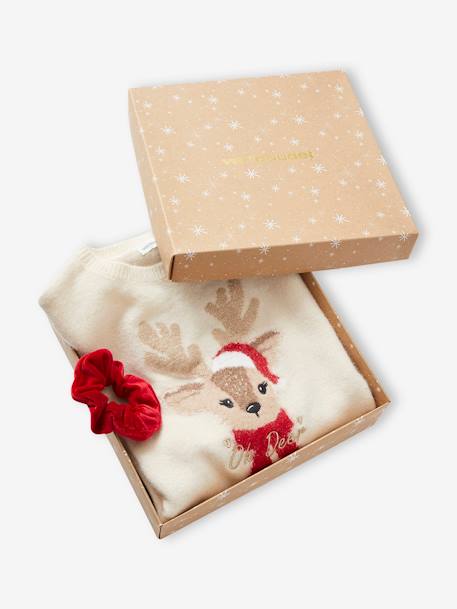 Kerstcadeauverpakking 'Renne' jacquard trui + 2 scrunchies voor meisjes ecru+lichtroze - vertbaudet enfant 