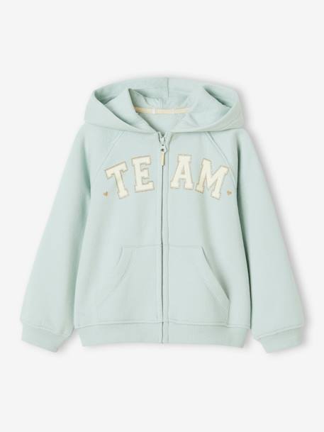 Sportsweater met rits en capuchon met 'Team' motief meisjes blauwgroen+groen+marineblauw - vertbaudet enfant 