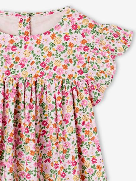Jurk met print en korte mouwen met ruches lichtroze+smaragdgroen+wit, bedrukt - vertbaudet enfant 
