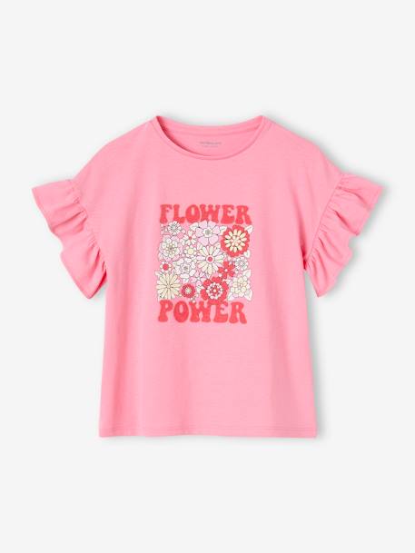 Meisjesshirt 'Flower Power' met ruches op de mouwen snoepjesroze - vertbaudet enfant 