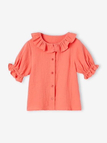 Meisjesblouse met kraagje van katoengaas ecru+koraal - vertbaudet enfant 