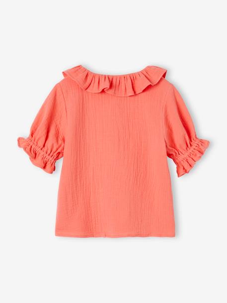 Meisjesblouse met kraagje van katoengaas ecru+koraal - vertbaudet enfant 