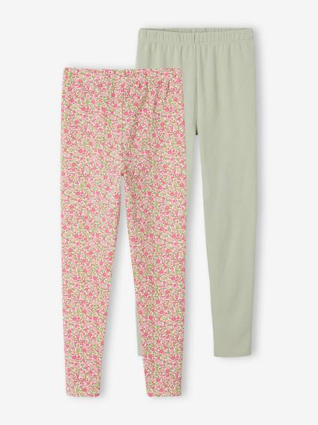 Set van 2 Basics meisjesleggings donkergrijs+indigoblauw+kaki+rozenhout+saliegroen - vertbaudet enfant 