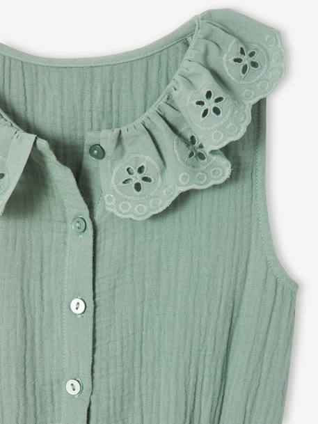 Lange babytuinbroek van katoenen gaas met kraag van Engels borduurwerk lichtroze+oudroze+saliegroen - vertbaudet enfant 