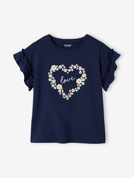 Meisjes-T-shirt met iriserend motief en korte mouwen met ruches antraciet+lichtgeel+lichtroze+marineblauw - vertbaudet enfant 